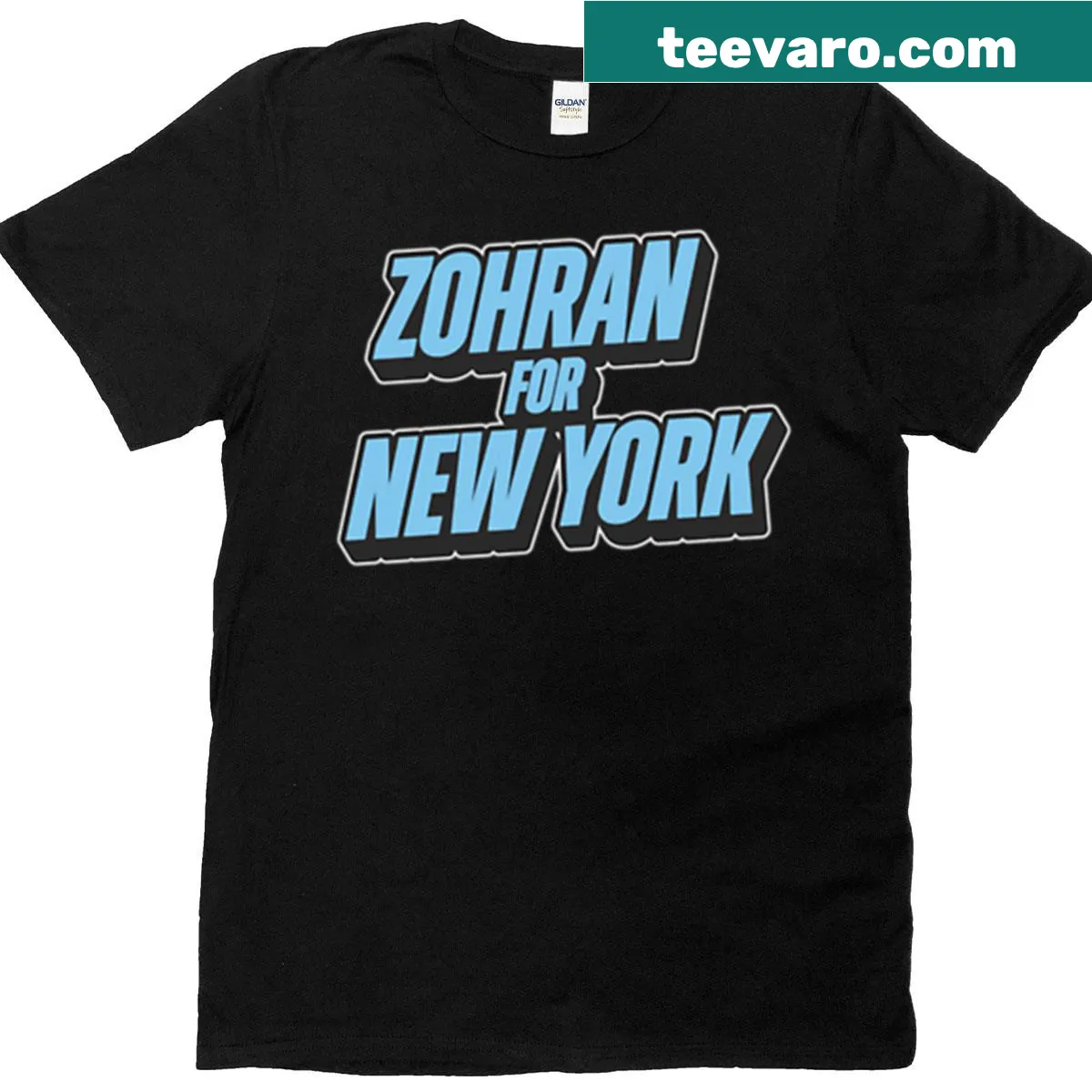 Vertical text design for Zohran Mamdani on a casual shirt — on a men's t-shirt