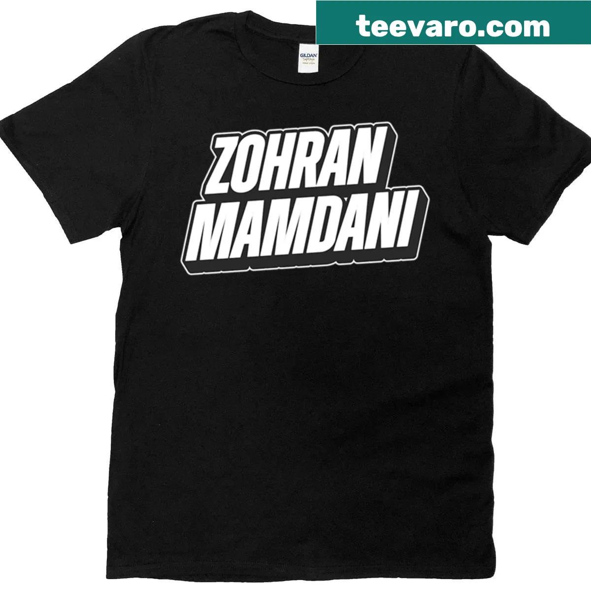 T-shirt with a dynamic vertical text design featuring Zohran Mamdani in white — on a men's t-shirt