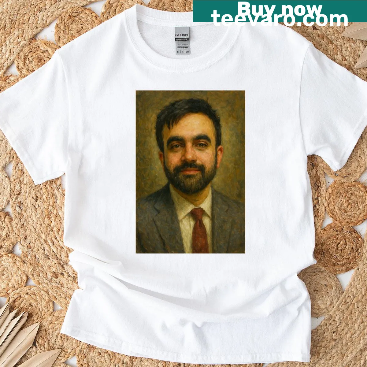 Illustrated portrait of Zohran Mamdani on a T-shirt — on a men's t-shirt
