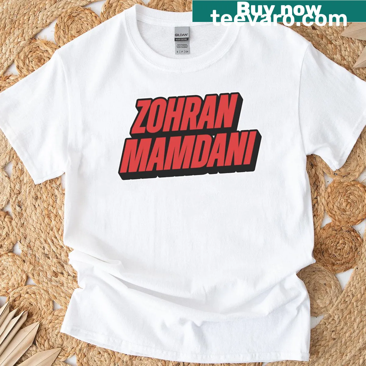 T-shirt with vertical text design of Zohran Mamdani — on a men's t-shirt