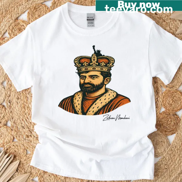Retro crown design of Zohran Mamdani on t-shirt