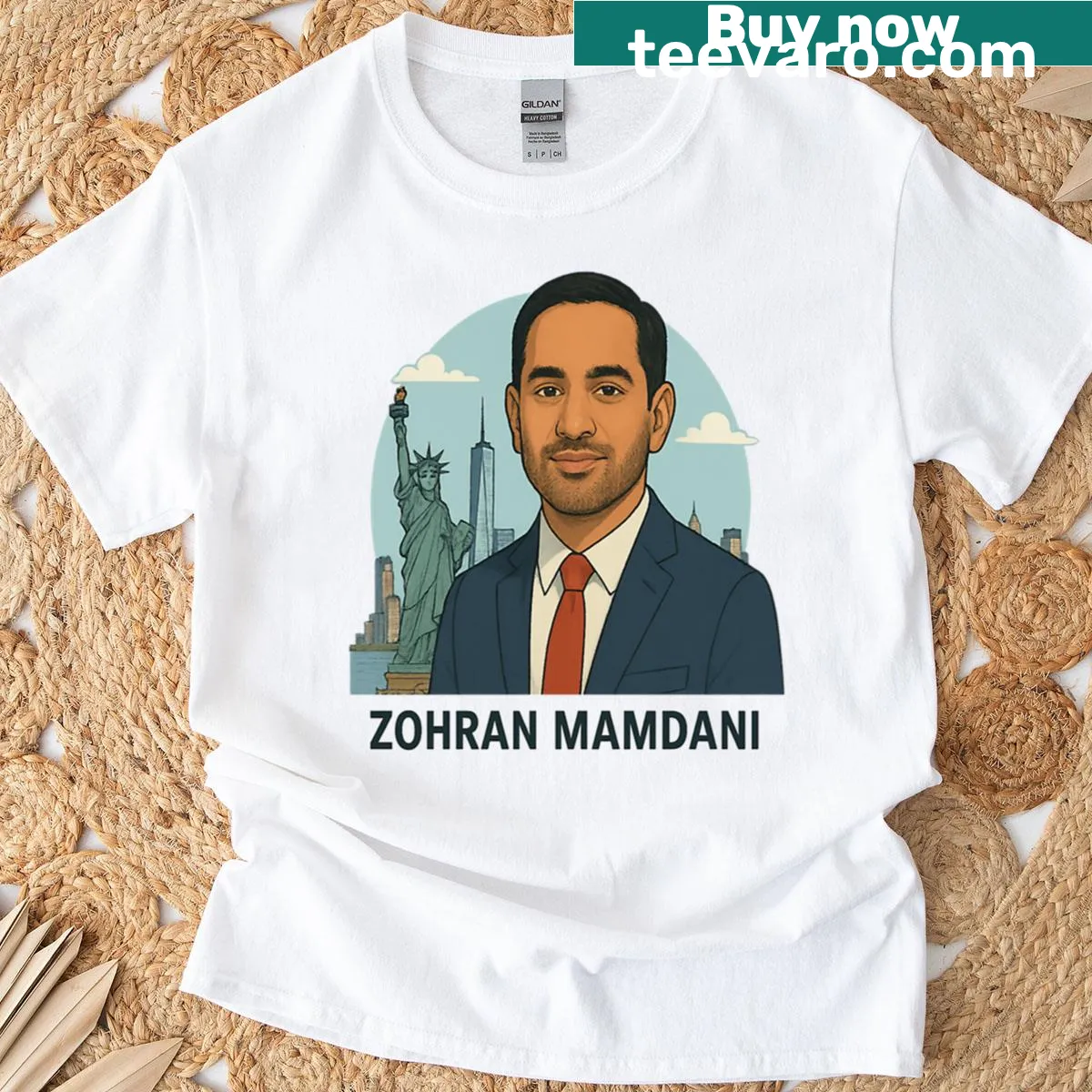 Oversized t-shirt with Zohran Mamdani and NYC skyline graphic — on a men's t-shirt