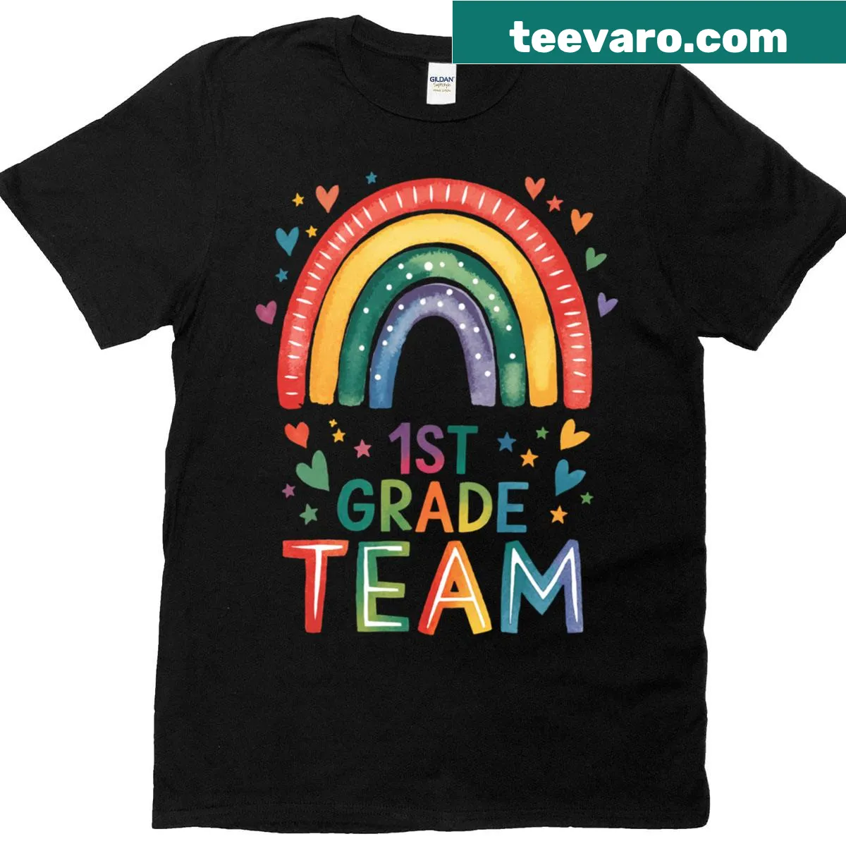 Rainbow design T-shirt for first grade teachers — on a men's t-shirt