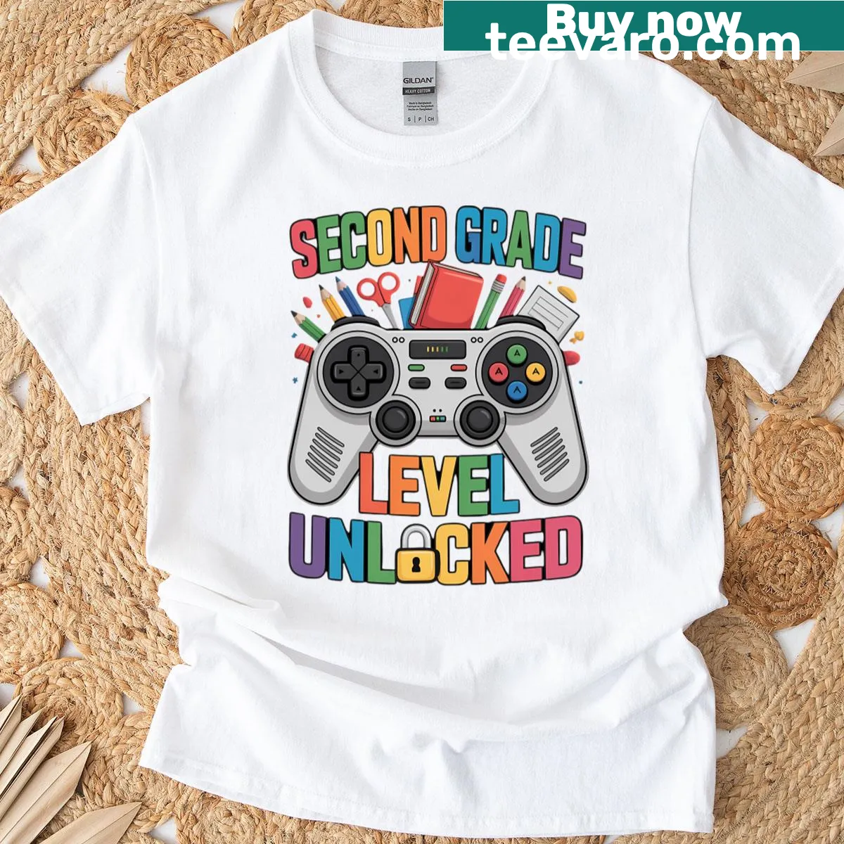 T-shirt with cartoon graphic celebrating 2nd grade level up — on a men's t-shirt