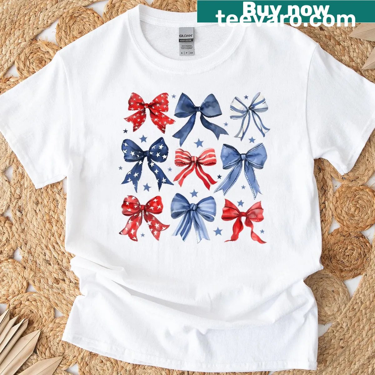 Patriotic T-shirt with bow ribbon design for 4th of July — on a men's t-shirt