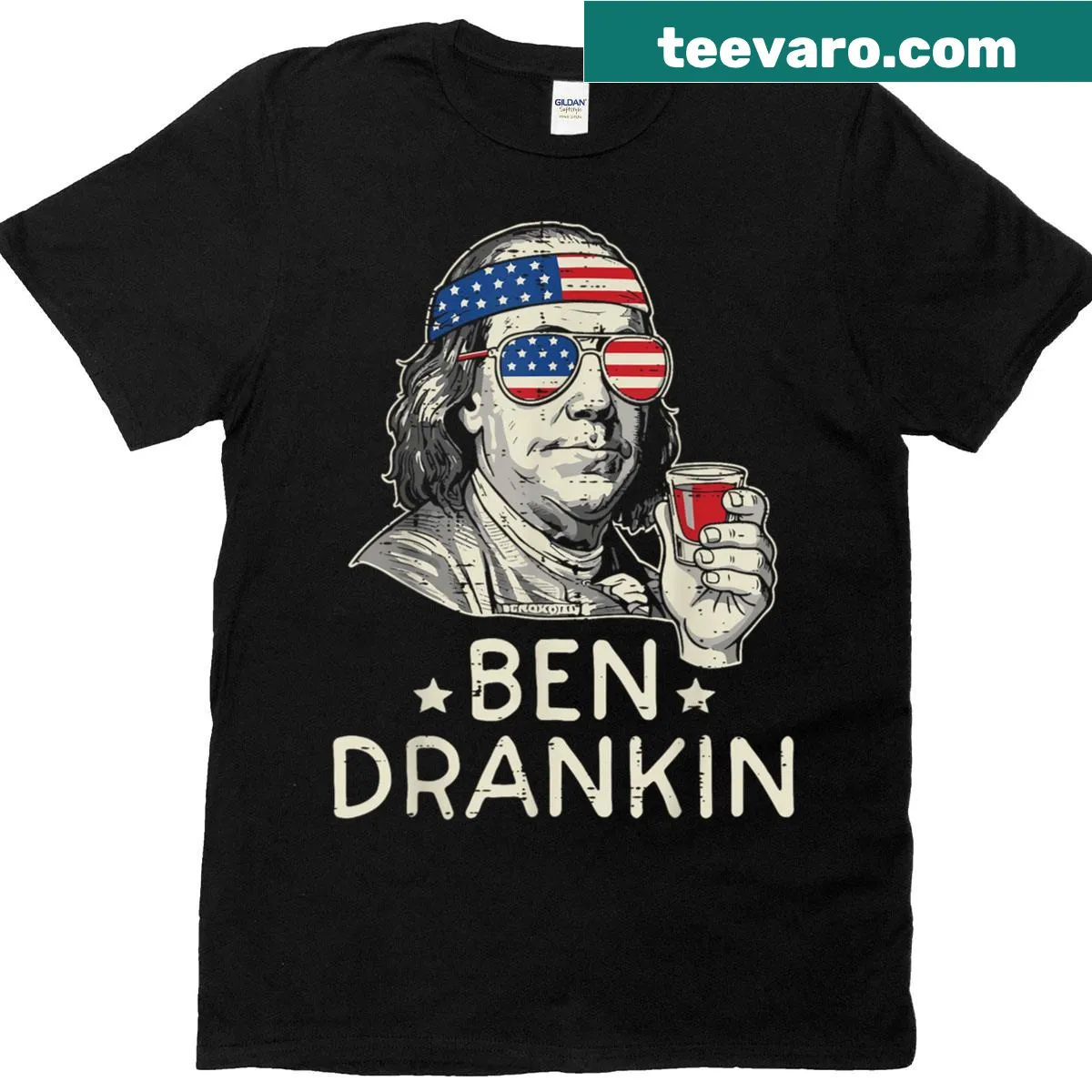Funny Fourth of July T-shirt featuring phrase Ben Drankin and US flag — on a men's t-shirt