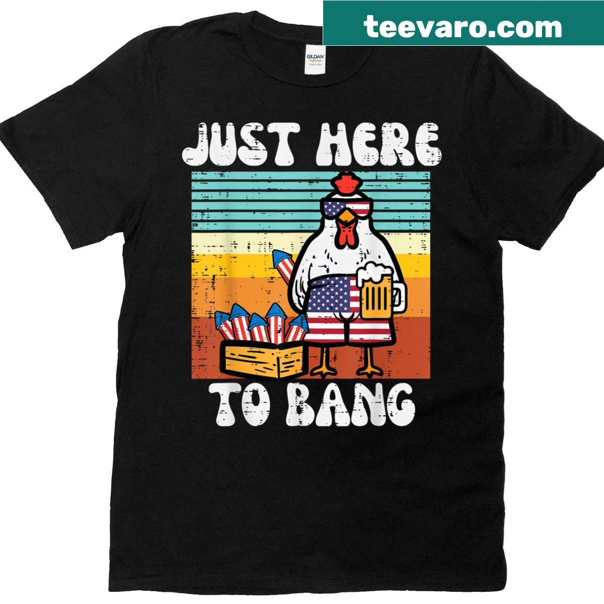 Retro Fourth of July T-shirt with chicken and fireworks graphic — on a men's t-shirt