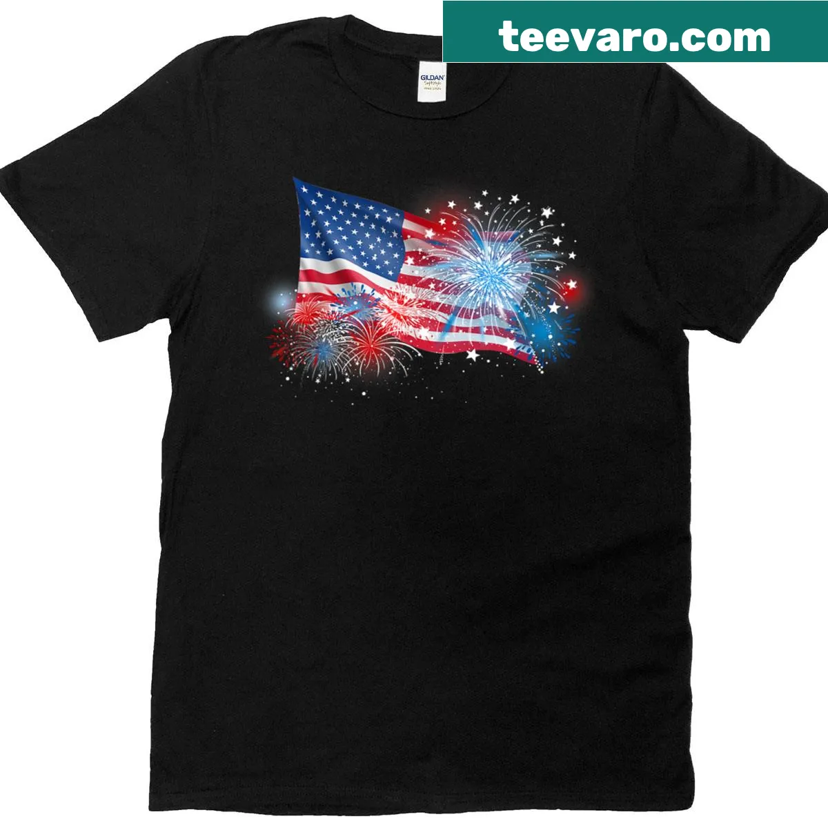 T-shirt featuring fireworks design and USA flag for 4th of July — on a men's t-shirt
