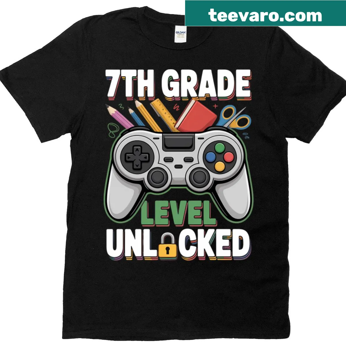 Gamer-themed T-shirt celebrating 7th grade level unlock — on a men's t-shirt