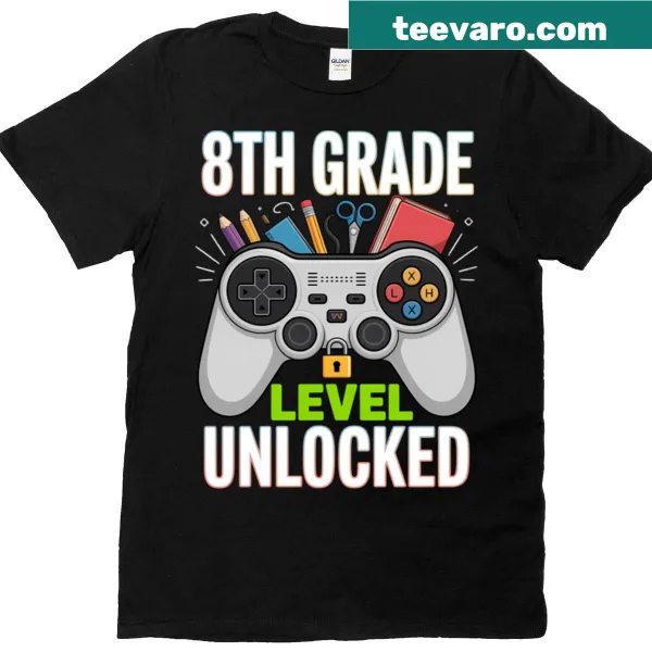Gamer-themed t-shirt with '8th Grade Level Unlocked' design