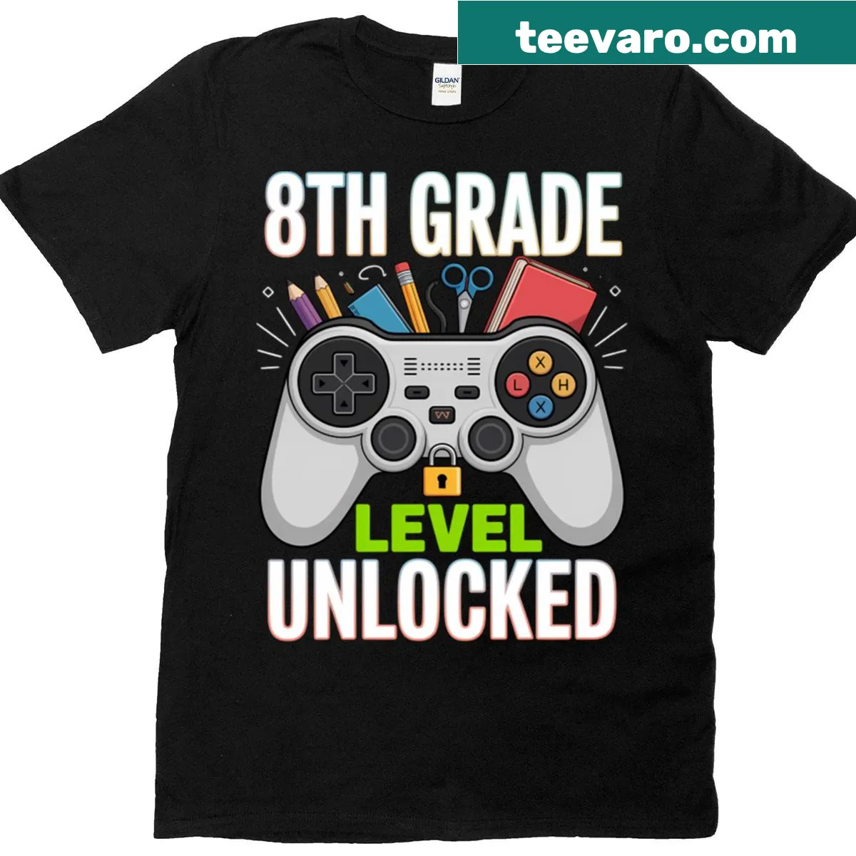 Gamer-themed t-shirt with '8th Grade Level Unlocked' design — on a men's t-shirt