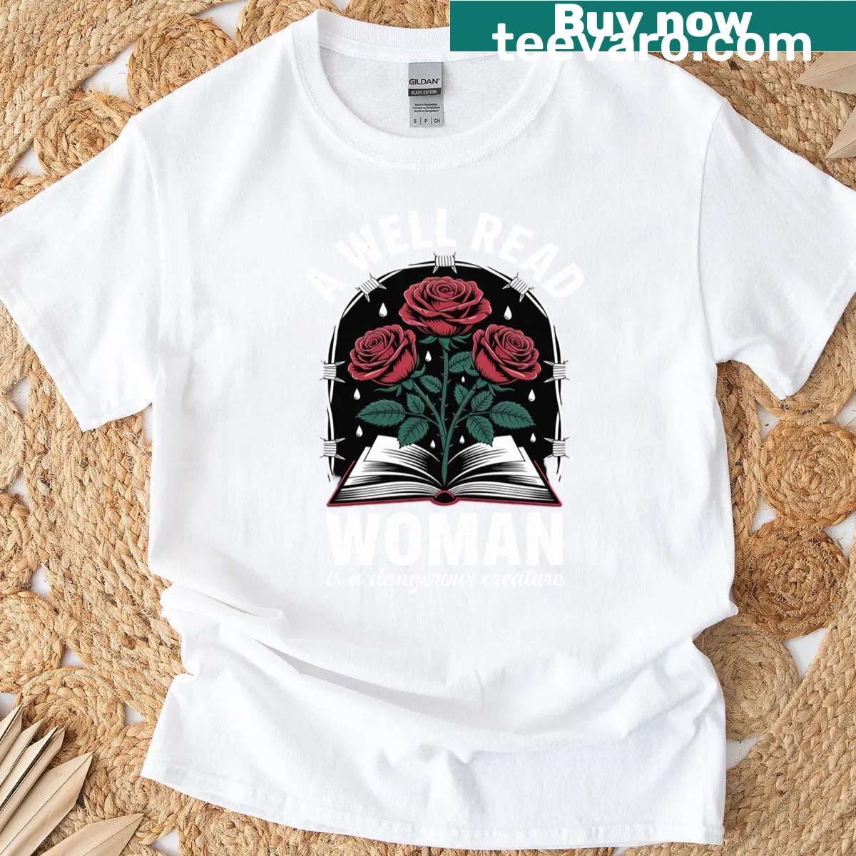 Feminist bookish t-shirt with empowering text about women and reading — on a men's t-shirt