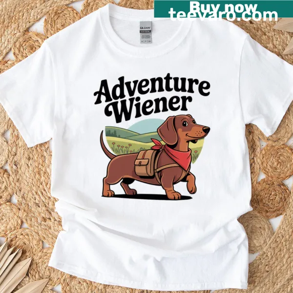 Illustration of a wiener dachshund on an adventure t-shirt