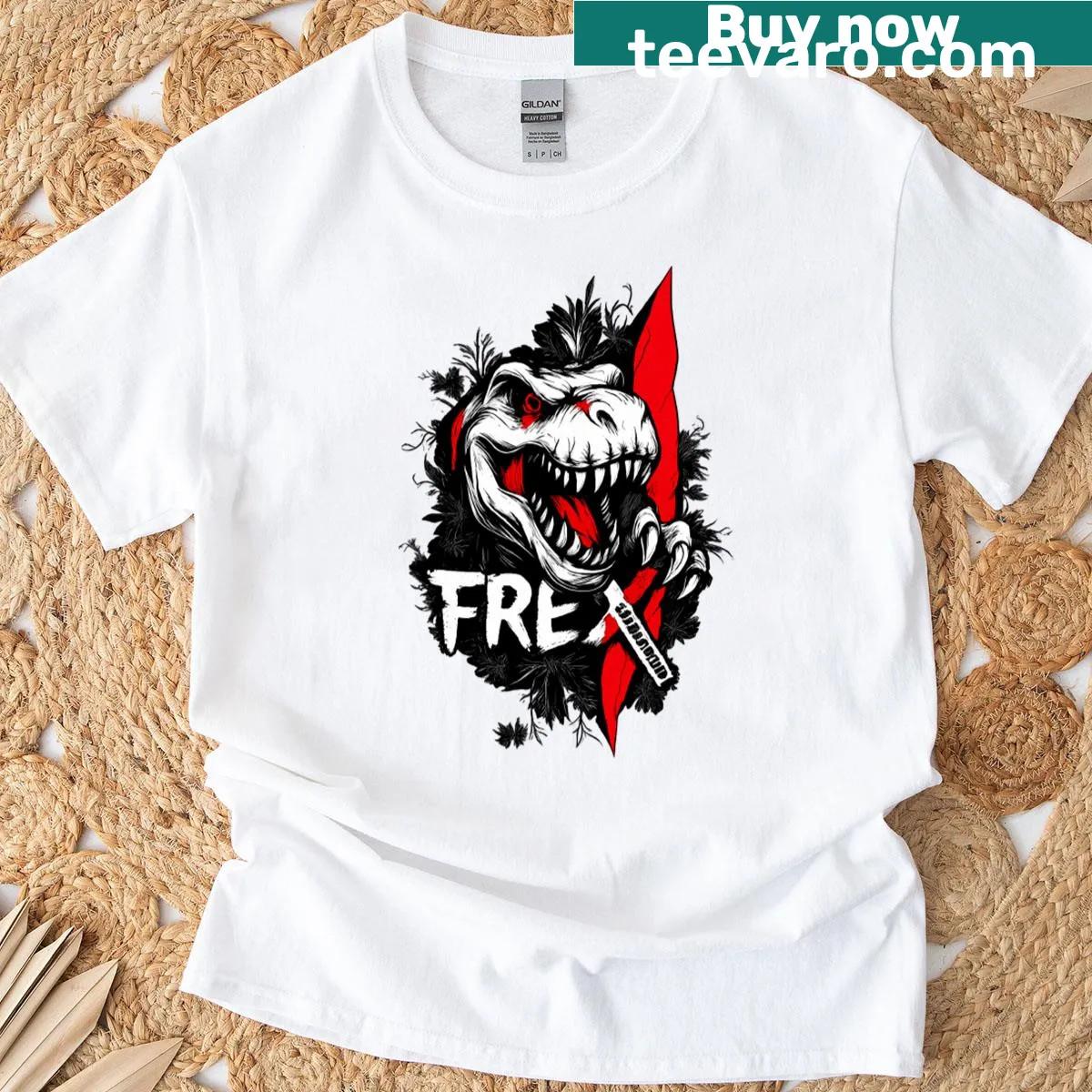 Fierce T-rex vector art t-shirt resembling an energy drink design — on a men's t-shirt