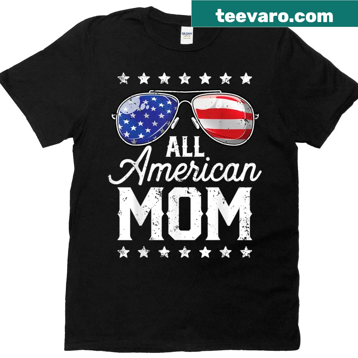 T-shirt celebrating American mom with sunglasses graphics for Mother's Day and Fourth of July — on a men's t-shirt