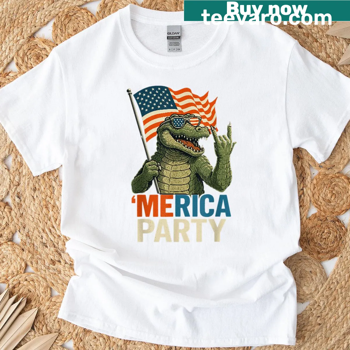 Illustrated alligator with the American flag on a t-shirt — on a men's t-shirt