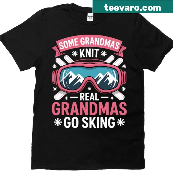 Illustrated T-shirt for skiing grandmothers with skis and snowflakes
