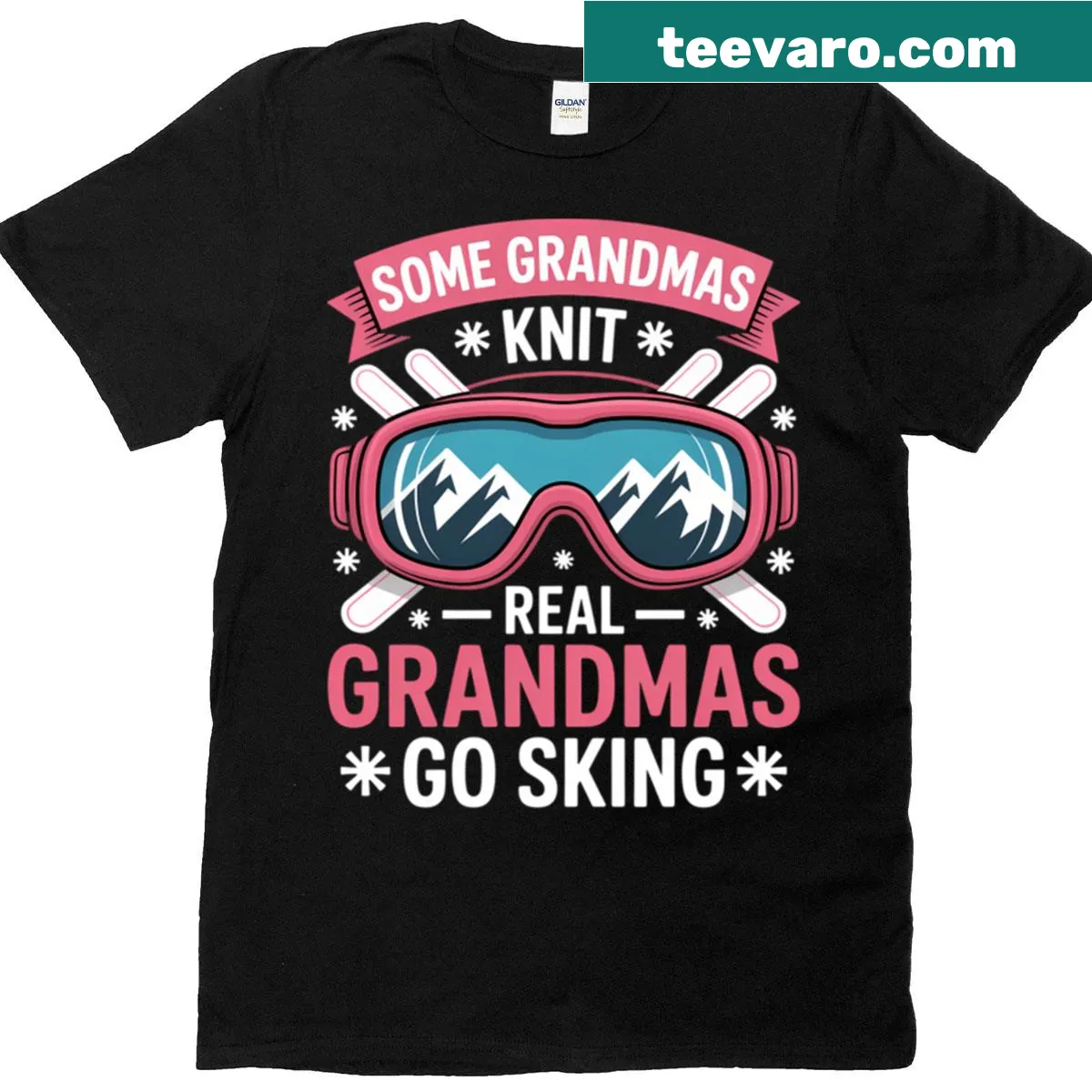 Illustrated T-shirt for skiing grandmothers with skis and snowflakes — on a men's t-shirt