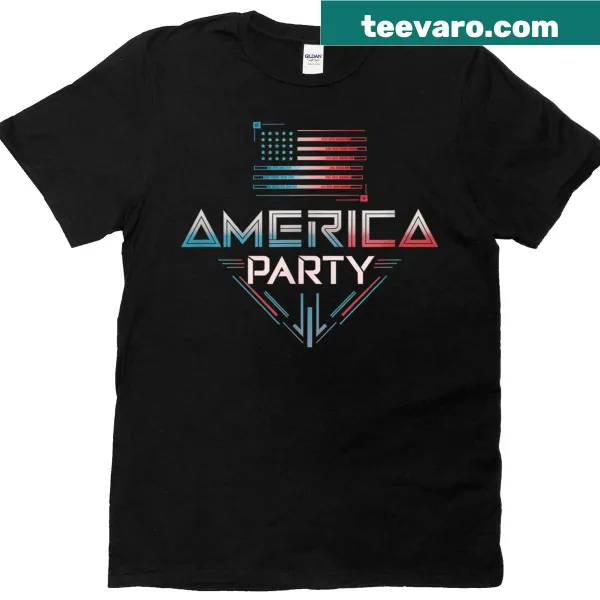 Party America t-shirt featuring red and blue typography design