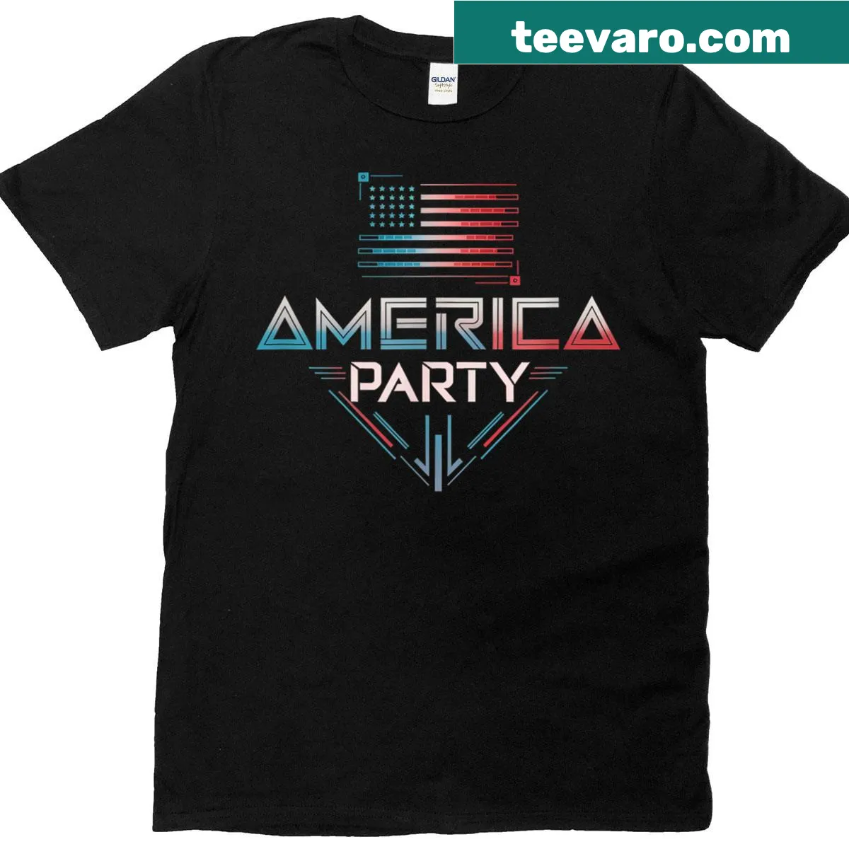 Party America t-shirt featuring red and blue typography design — on a men's t-shirt