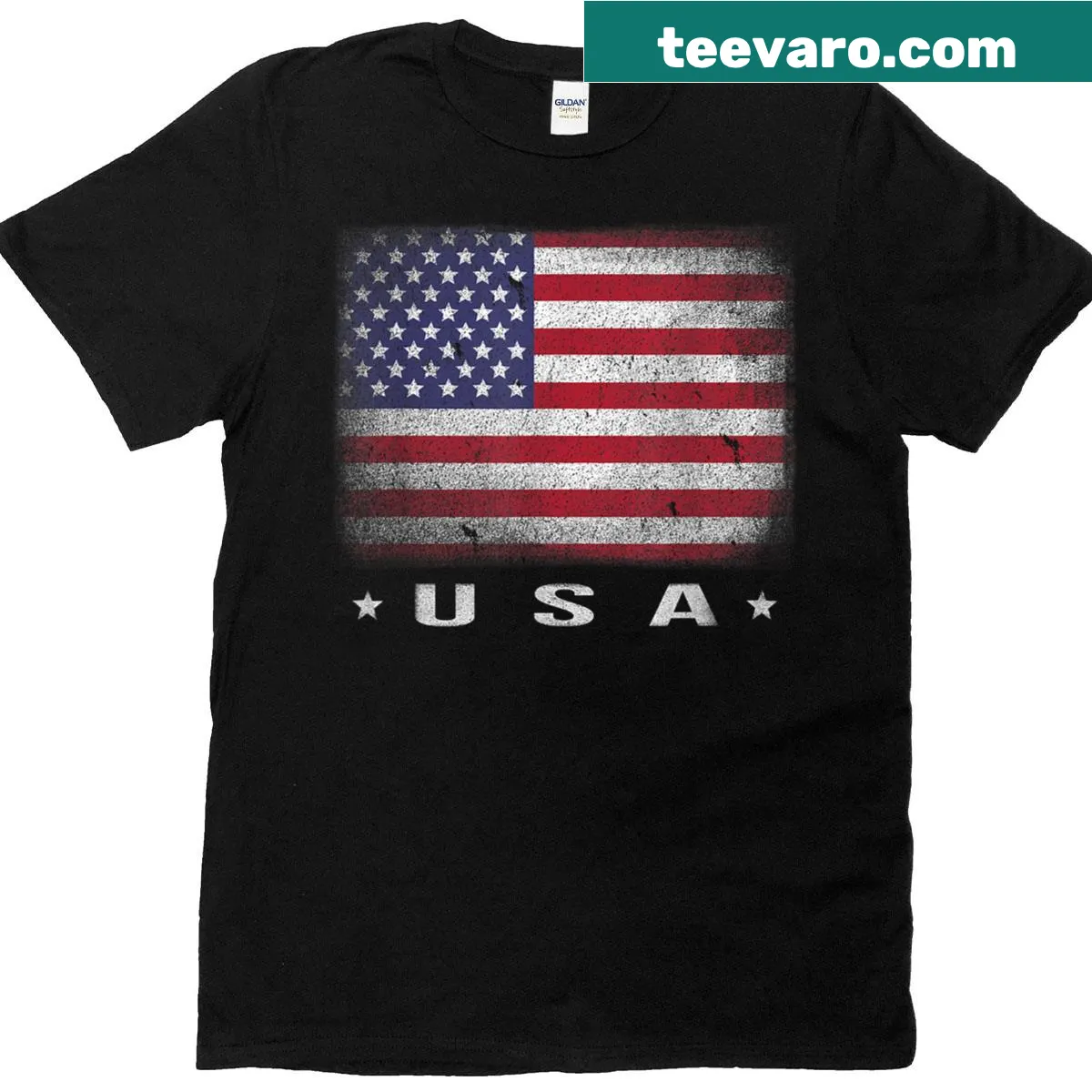 Vintage-style T-shirt featuring an American flag design with stars and stripes — on a men's t-shirt