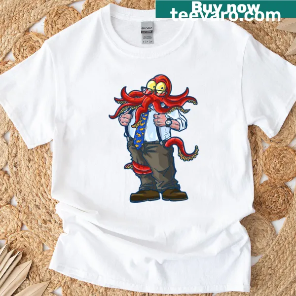 Cartoon octopus character in suspenders on a business-themed t-shirt