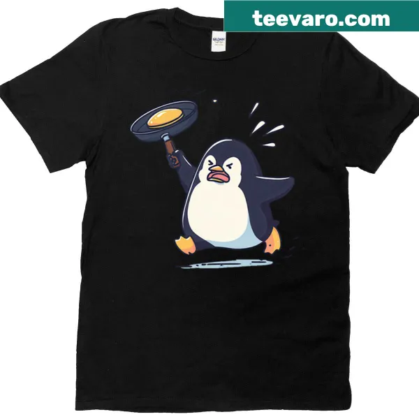 Funny T-shirt featuring an angry penguin flipping a pancake