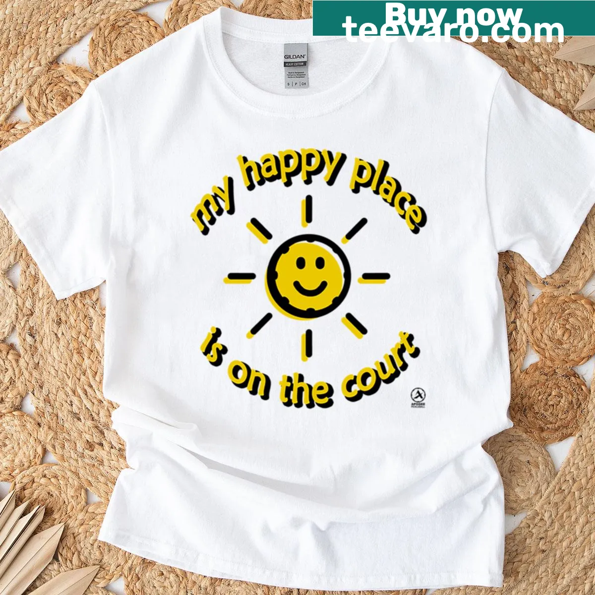 Nostalgic T-shirt with phrase about happiness on the court — on a men's t-shirt