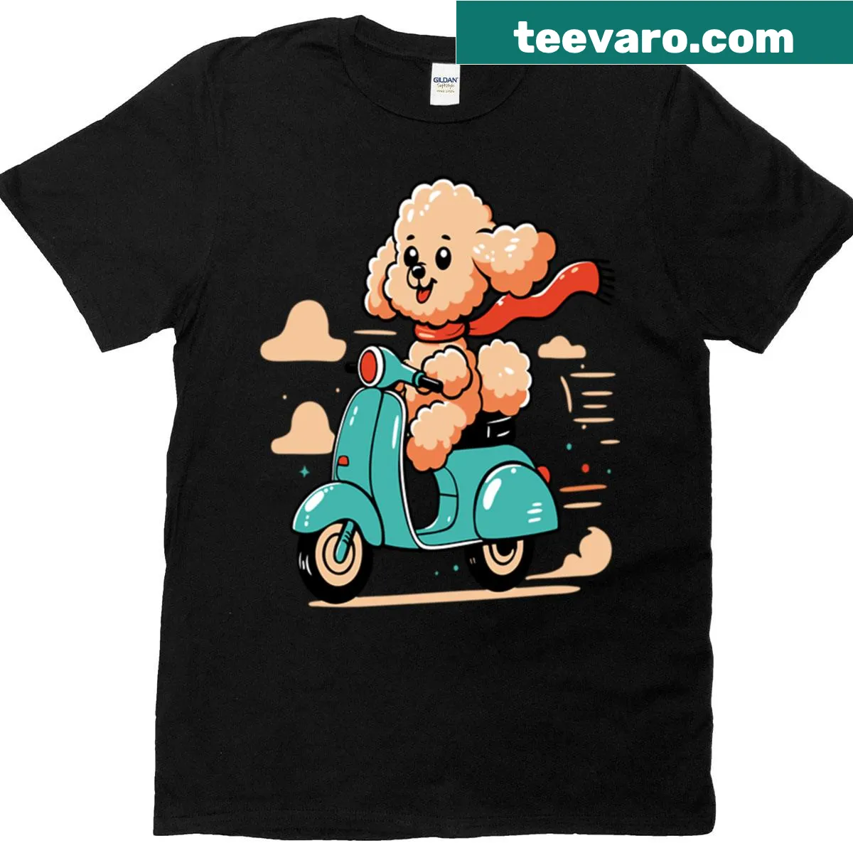 Cartoon apricot poodle on a scooter illustrated on a t-shirt — on a men's t-shirt
