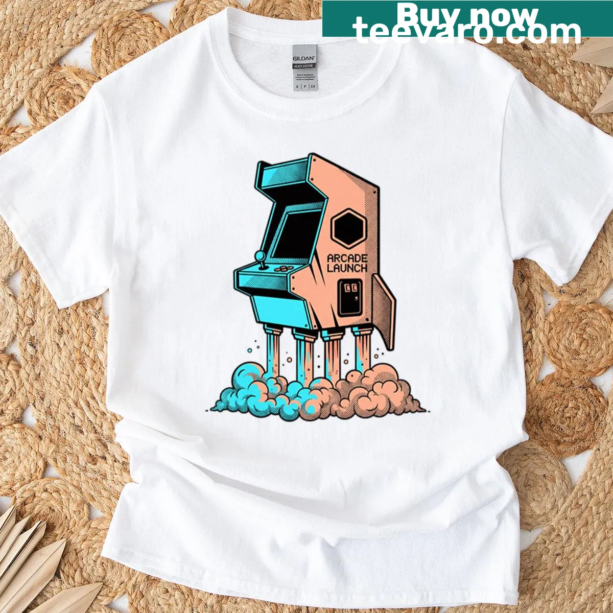 Retro gaming rocket cabinet graphic on a t-shirt — on a men's t-shirt