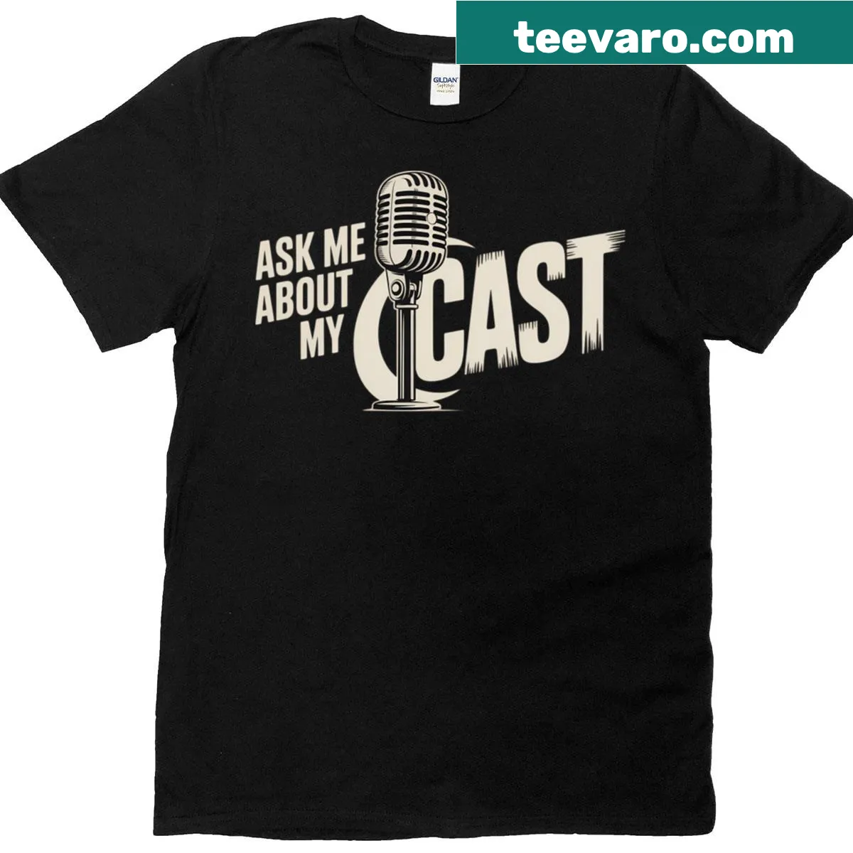 Playful podcast microphone graphic t-shirt inviting conversation. — on a men's t-shirt