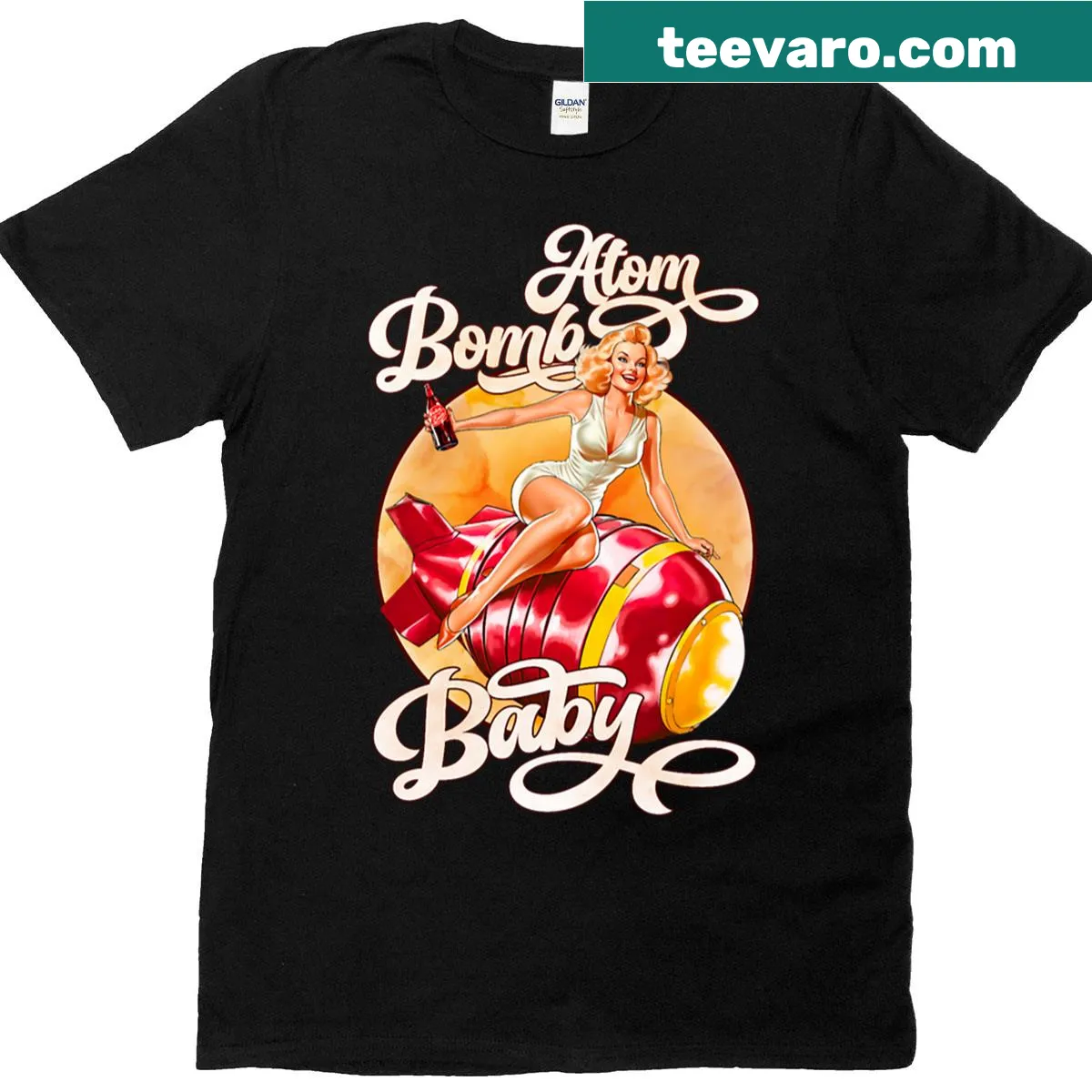 Oversized t-shirt with humorous 'Atom Bomb Baby' text — on a men's t-shirt