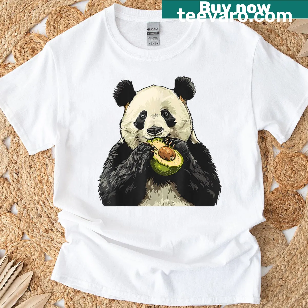 Cute illustration of a panda bear holding an avocado. — on a men's t-shirt
