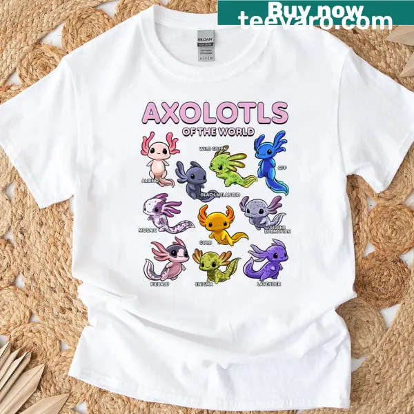 Cute T-shirt featuring kawaii axolotls in cartoon style