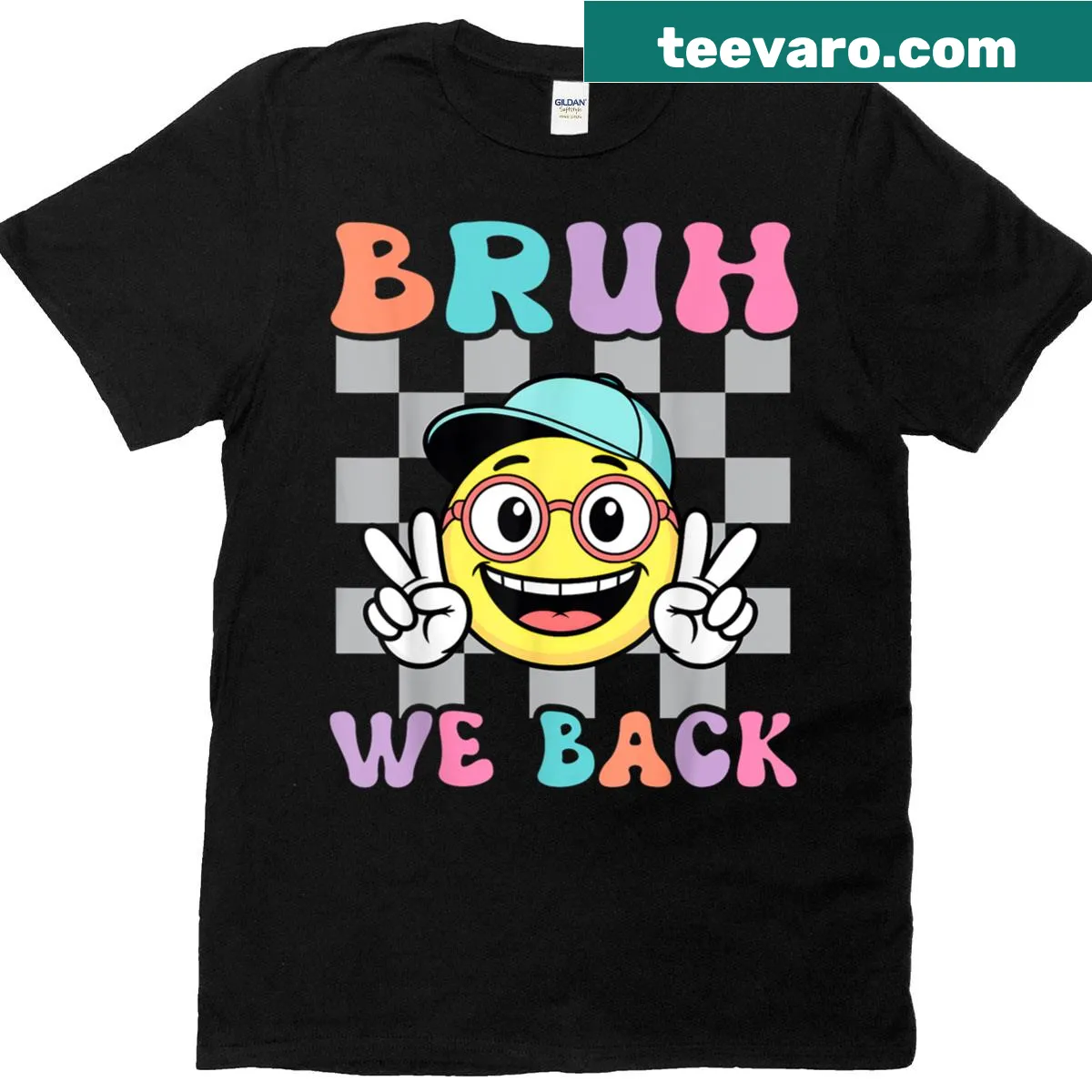 Retro design with a checkered smiley face and 'Bruh We Back' on a T-shirt — on a men's t-shirt