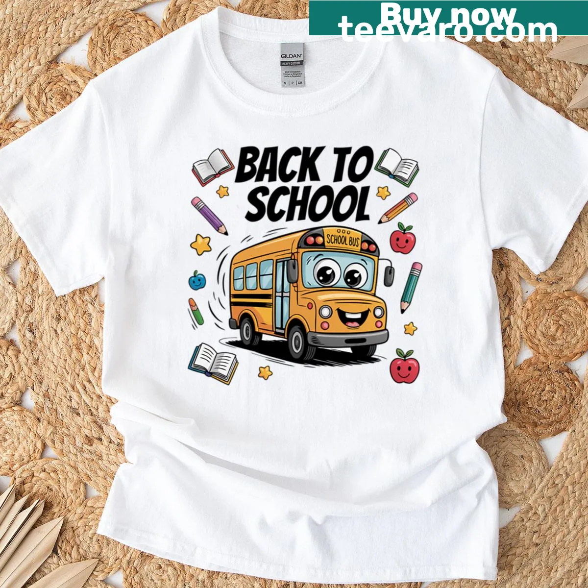 Cute cartoon school bus graphic surrounded by school supplies — on a men's t-shirt