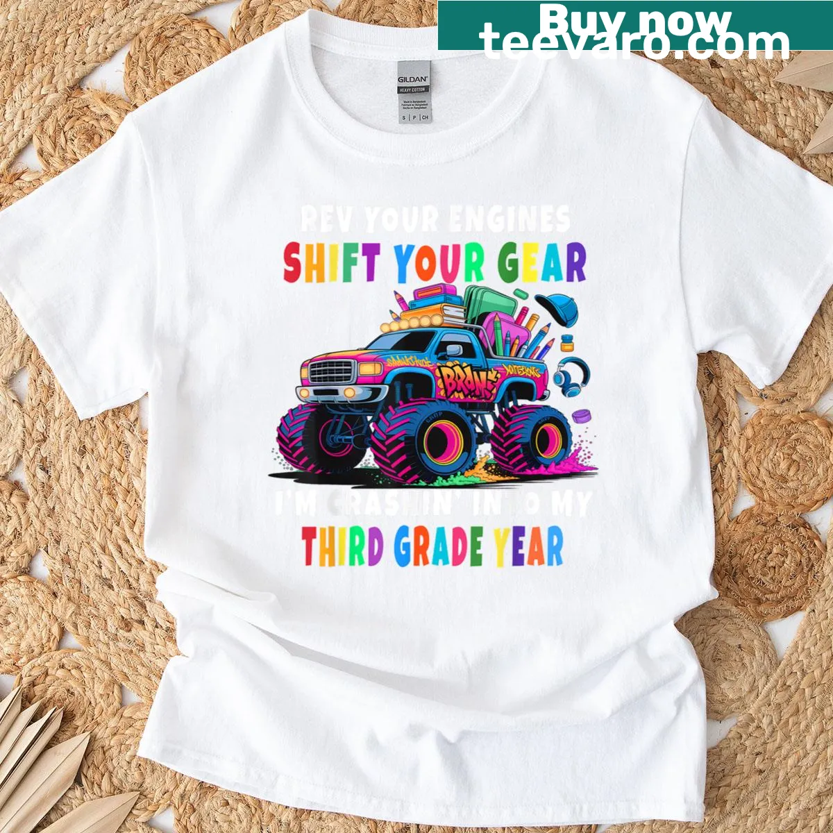 Monster truck illustration for third graders on a t-shirt — on a men's t-shirt