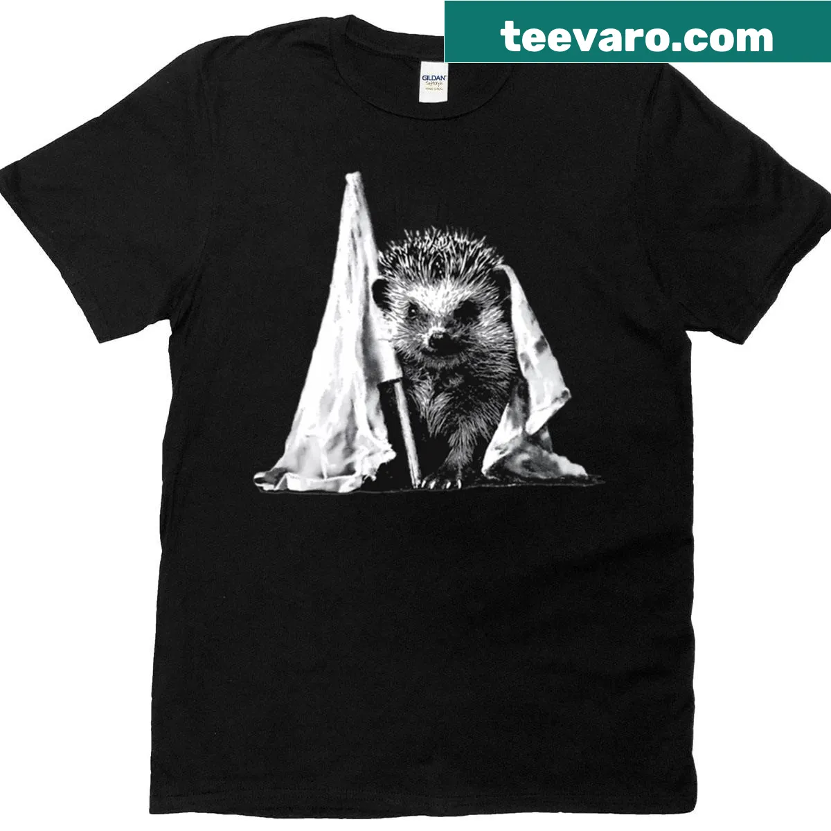 Hedgehog waving a white flag design on a T-shirt. — on a men's t-shirt