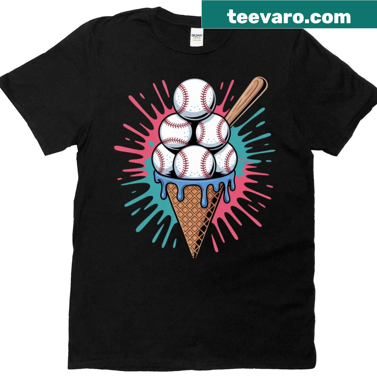 Whimsical T-shirt featuring a baseball ice cream cone design. — on a men's t-shirt