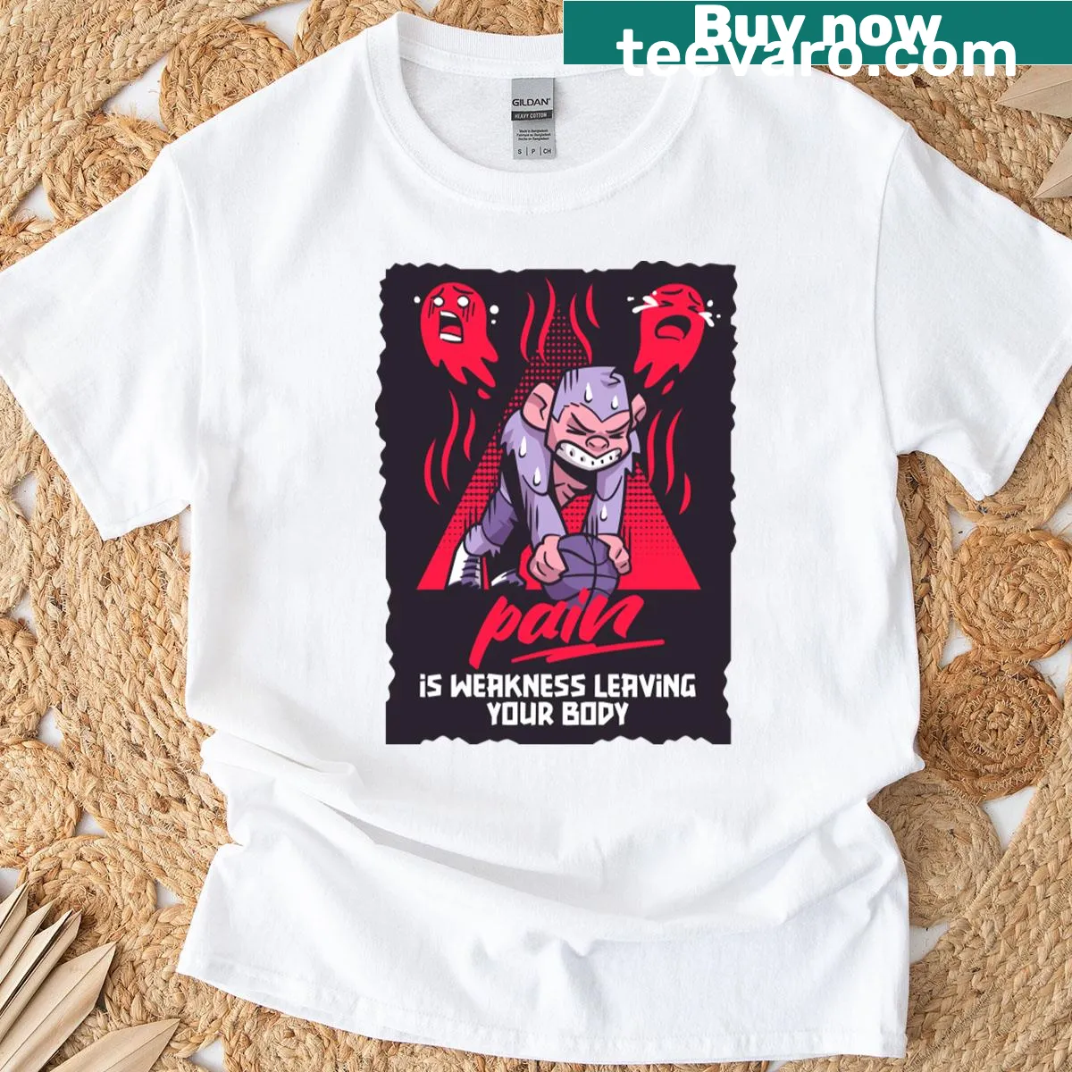 Motivational basketball t-shirt with the phrase 'Train Past The Pain' — on a men's t-shirt