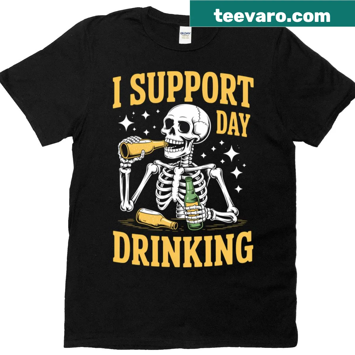 Humorous skeleton with drink graphic on a T-shirt — on a men's t-shirt