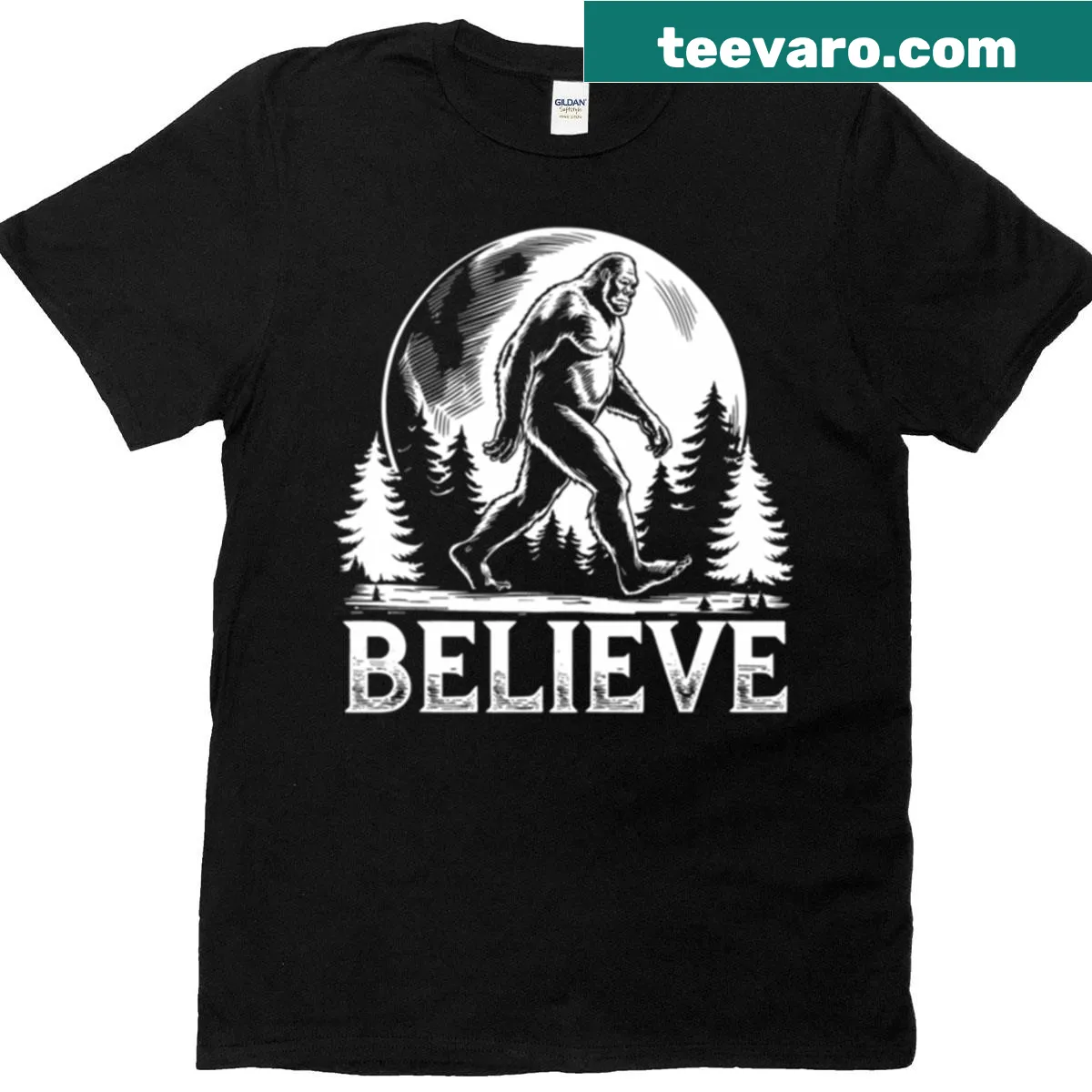 Oversized T-shirt with Bigfoot design in moonlit forest — on a men's t-shirt