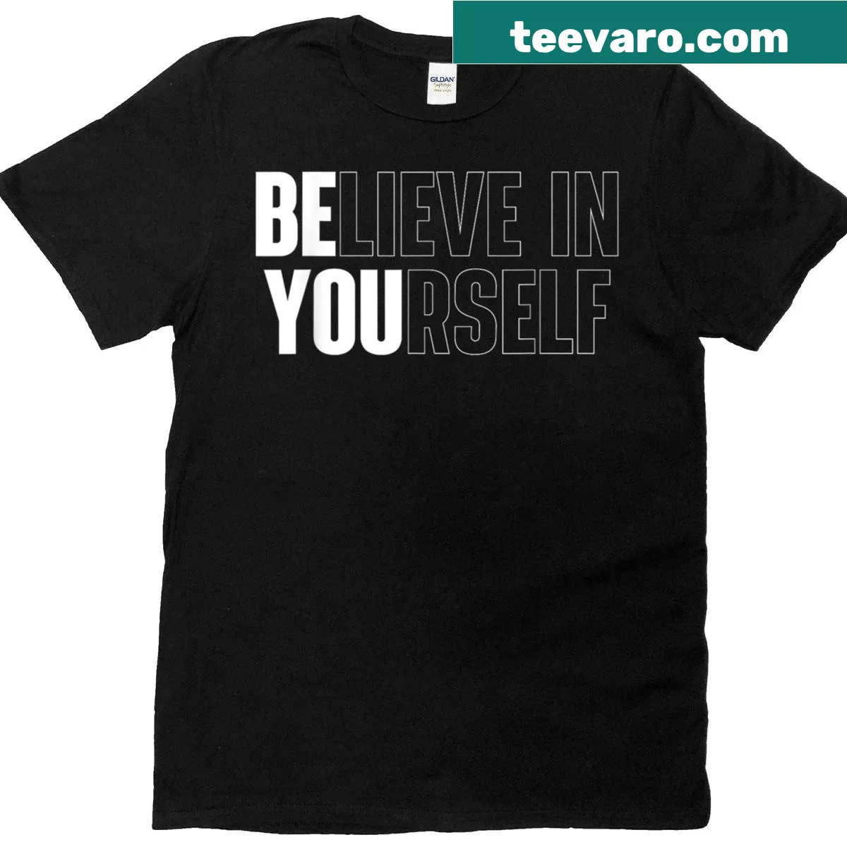 Motivational quote T-shirt with 'Believe In Yourself' in bold lettering. — on a men's t-shirt