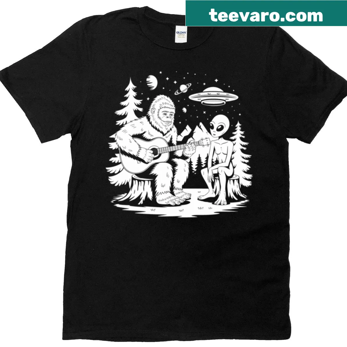 Cartoon Bigfoot and aliens jamming around a campfire t-shirt — on a men's t-shirt
