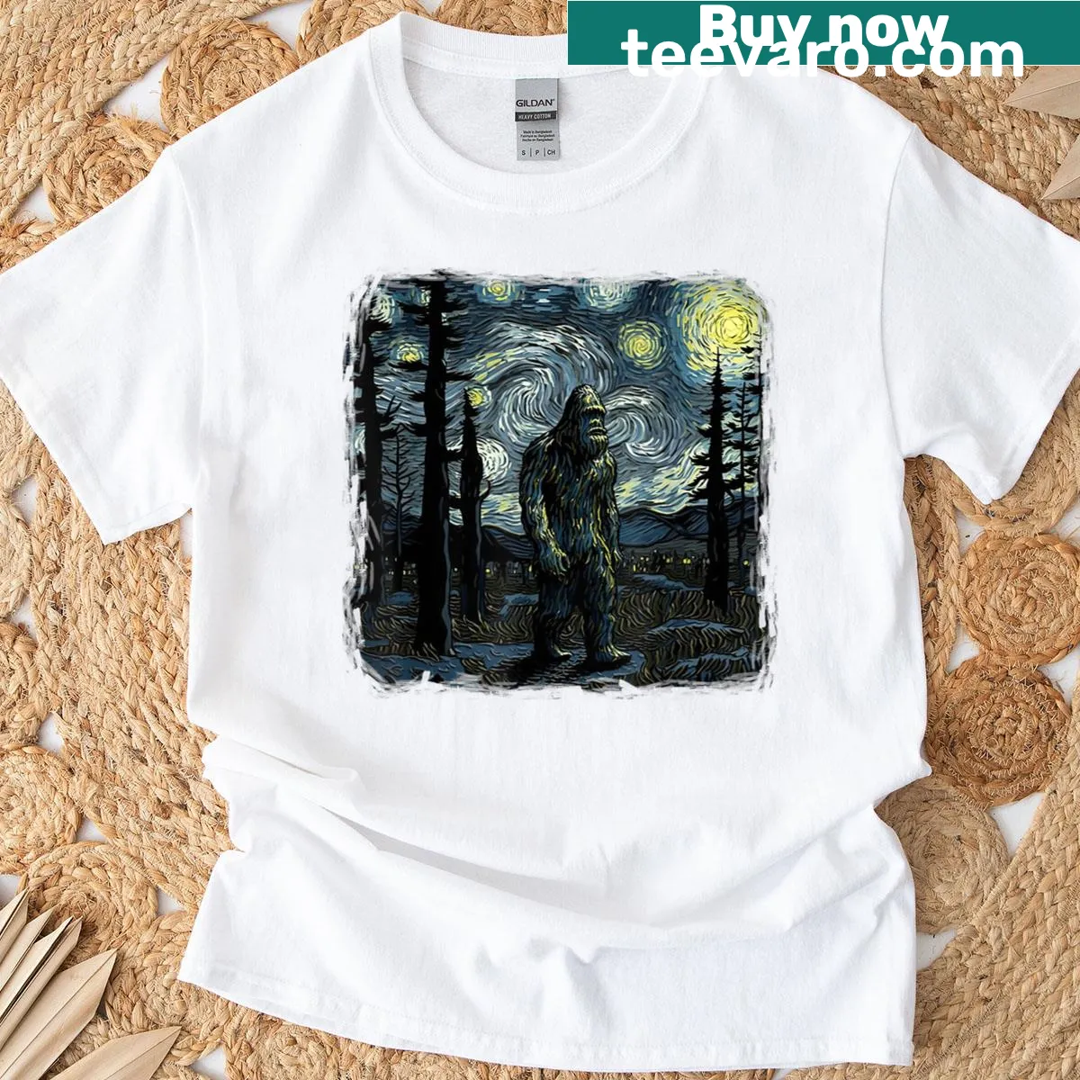Bigfoot T-shirt featuring Sasquatch in a starry night art style — on a men's t-shirt