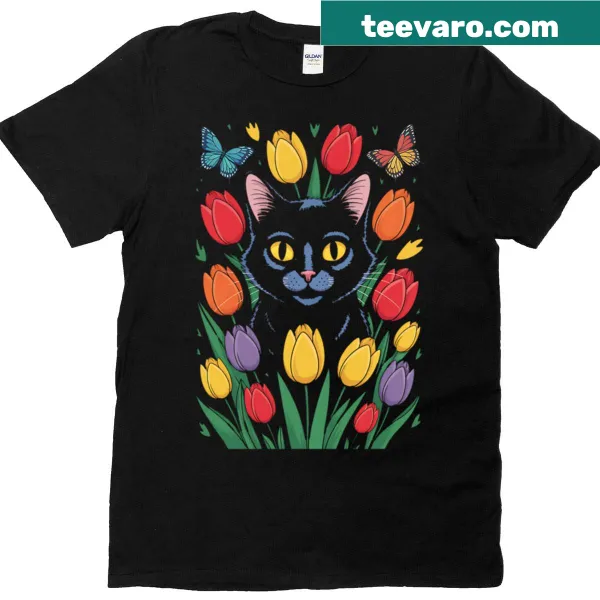 Cute black cat with tulips for Easter celebration