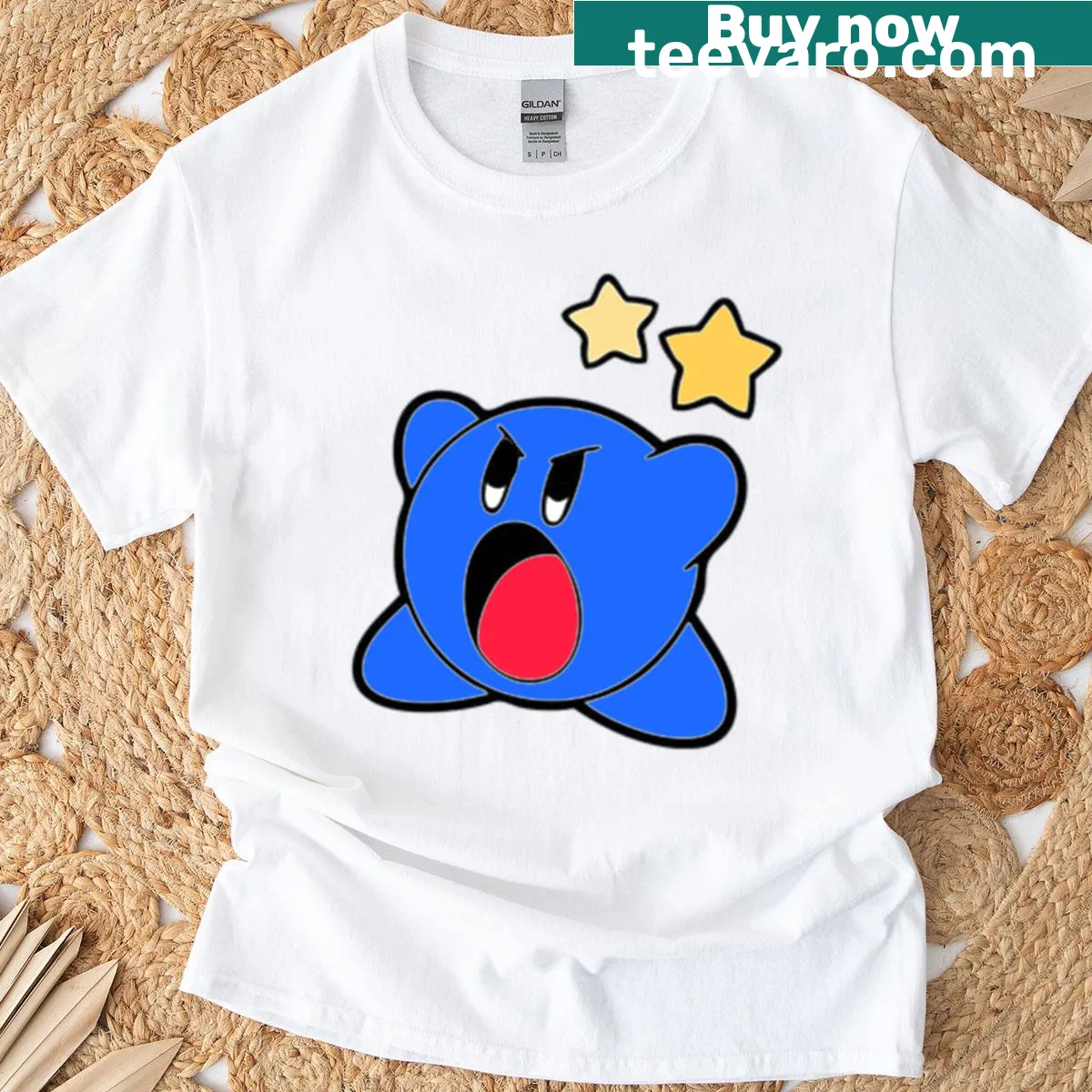 Retro game style t-shirt with blue star graphic and playful gaming motifs — on a men's t-shirt