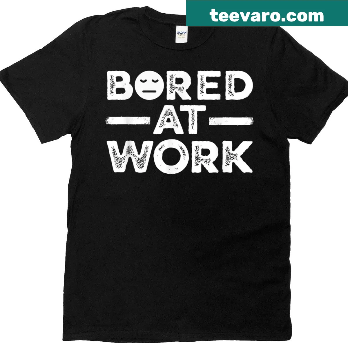Funny office t-shirt featuring a bored face graphic — on a men's t-shirt