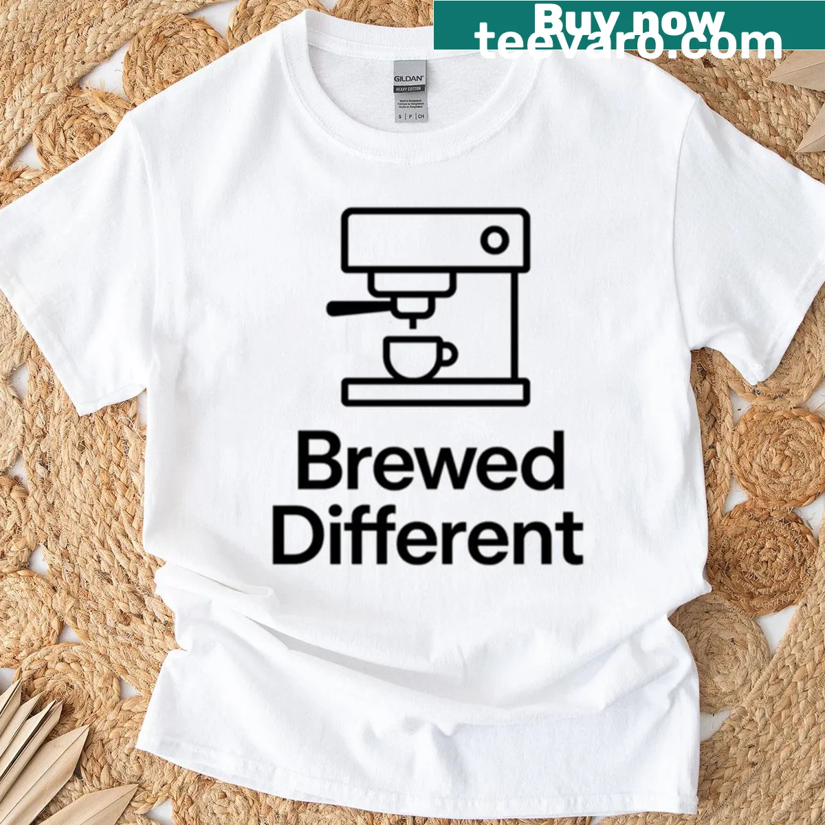 Espresso machine T-shirt with playful coffee design — on a men's t-shirt