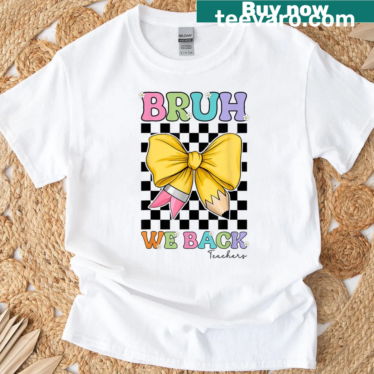 Playful teacher T-shirt with pencil and bow design — on a men's t-shirt